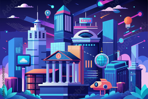 Futuristic digital banking concept showing a businessperson interacting with a virtual user interface. Features a glowing bank icon, financial technology symbols, global data map, and high-tech HUD 