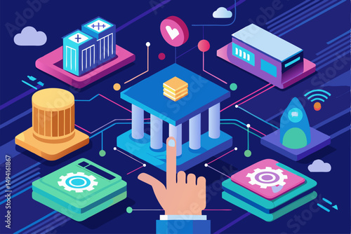 Futuristic digital banking concept showing a businessperson interacting with a virtual user interface. Features a glowing bank icon, financial technology symbols, global data map, and high-tech HUD 