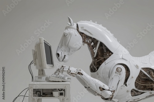 A horse assembling a computer, Futuristic robotic horse using computer