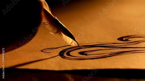 Close-up shot of a feather pen writing on parchment paper with dark ink, drawing swirls and lines, creating an antique style script.