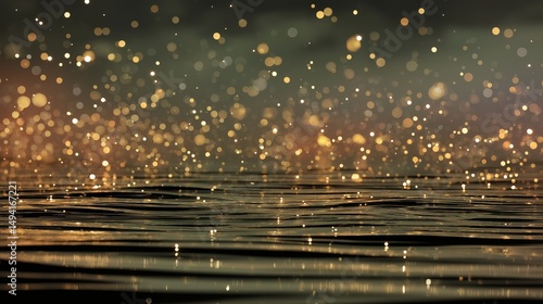 Golden Rain: A captivating image of glittering, golden rain falling upon a dark and mysterious water surface. The ethereal light of the droplets creates a magical atmosphere. 