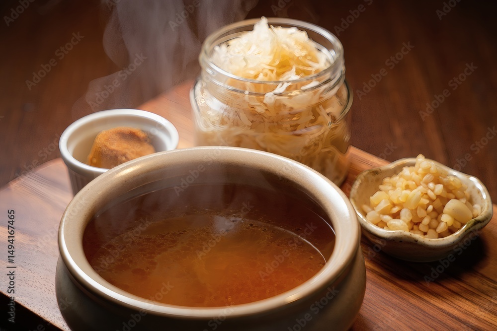 Steaming Bowl of Savory Broth with Pickled Vegetables and Seasonings A Culinary Delight Steaming Bowl of Savory Broth with Pickled Vegetables and Seasonings A Culinary Delight