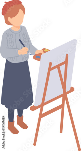 絵を描く女性のアイソメトリックイラスト