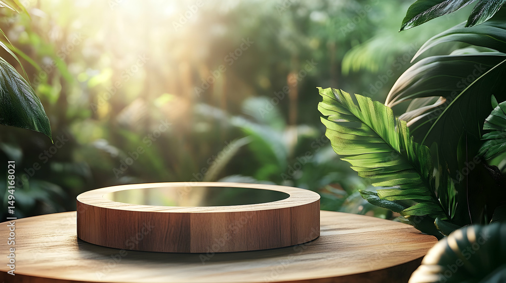 Empty wooden round display podium in lush tropical foliage. Empty wooden round display podium in lush tropical foliage.