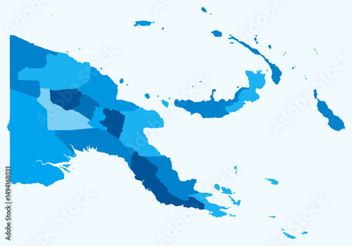 Map of Papua New Guinea with regions. Just a simple country border map with region division. Light blue color palette. Blank Papua New Guinea shape with administrative division. Vector illustration.