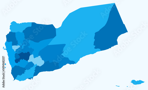 Map of Yemen with regions. A simple country border map with regional divisions. Light blue color palette. Flat Yemen shape with administrative division. Vector illustration.