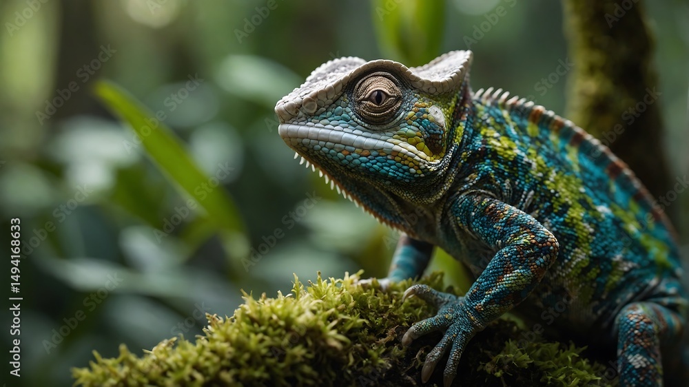 Obraz premium Colorful Chameleon, Hyperrealistic photograph of a colorful chameleon.