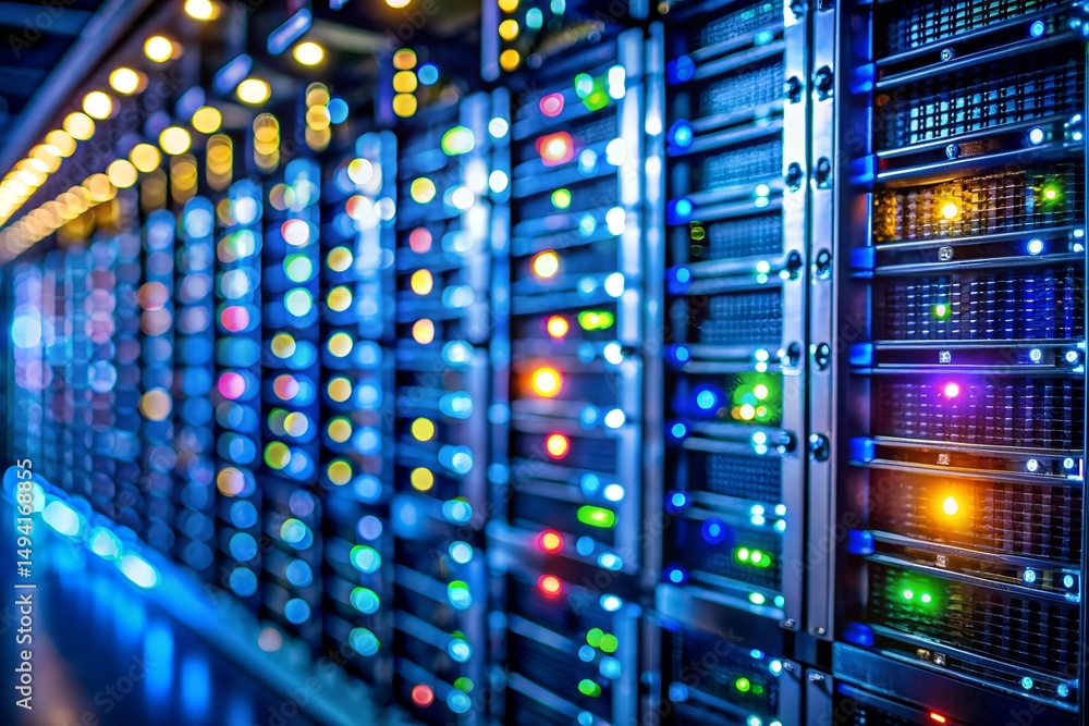 Vibrant illuminated data center filled with rows of glowing servers symbolizing technological prowess innovation and global connectivity Vibrant illuminated data center filled with rows of glowing servers symbolizing technological prowess innovation and global connectivity