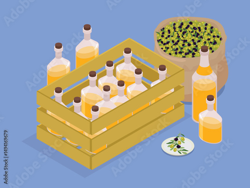Isometric Illustration of Olive Oil Production