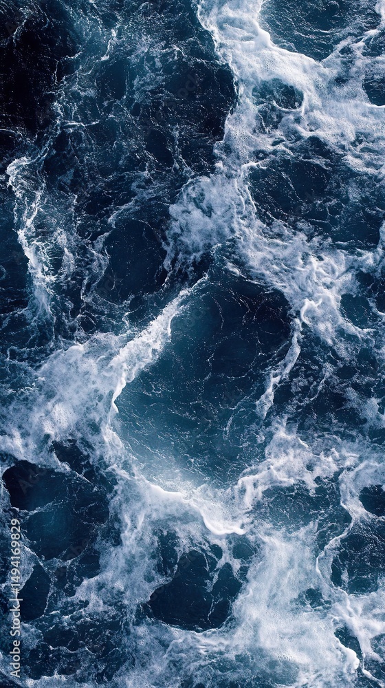 Naklejka premium Dynamic ocean waves with white foam in deep blue sea close up
