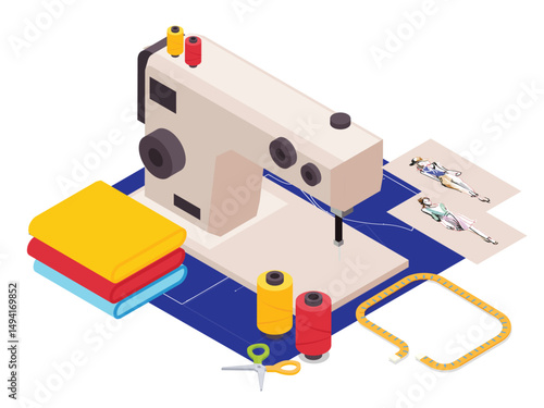 Isometric Sewing Workshop with Tools and Garment Sketches