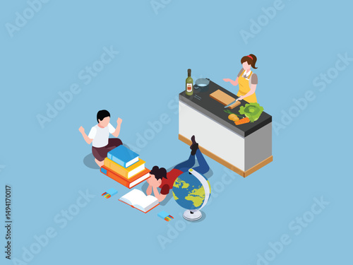  Isometric Daily Life Scene Studying and Cooking
