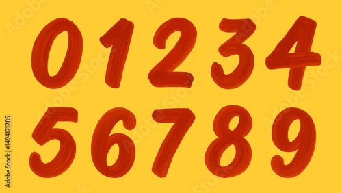 Hand-Painted Numbers 0–9 – Red Brush Style on Yellow Background