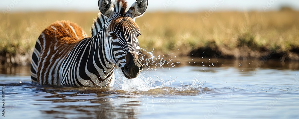 Fototapeta premium A zebra cools off in a shallow pool, its striped coat partially submerged, water splashing around its head. The background is blurred, showing dry grasses