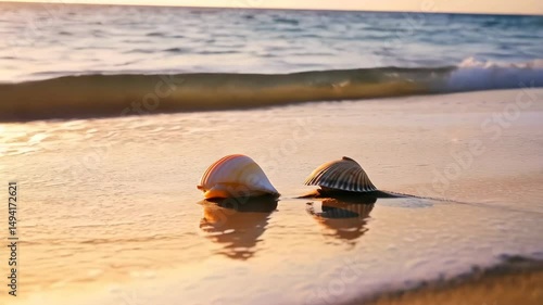 Two seashells resting on sandy beach washed by the calm sea water during serene golden hour sunset light, close up