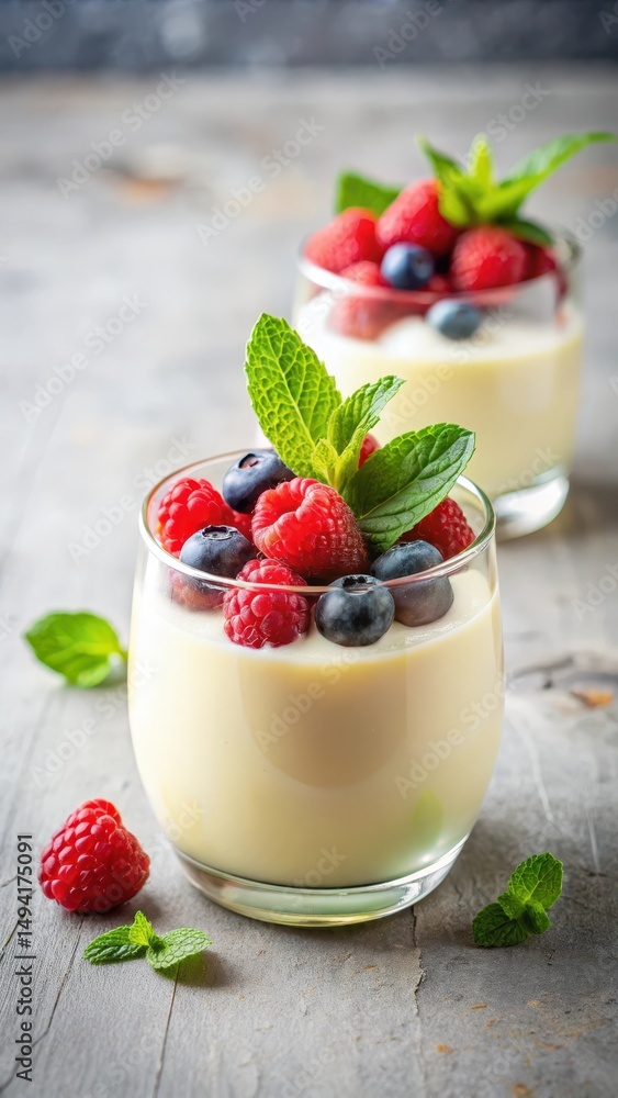 Delicate glass filled with creamy vanilla pudding topped with mixed berries and fresh mint leaves Delicate glass filled with creamy vanilla pudding topped with mixed berries and fresh mint leaves