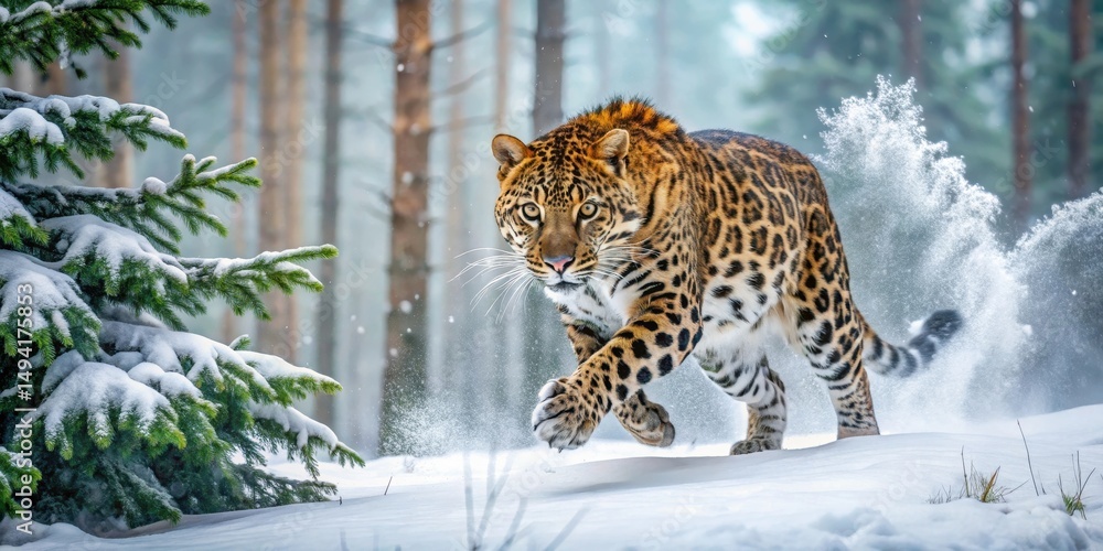 Obraz premium Majestic Amur leopard pounces on snow-covered forest floor amidst tall evergreen trees and dense underbrush in the early morning mist , leopards, cold weather