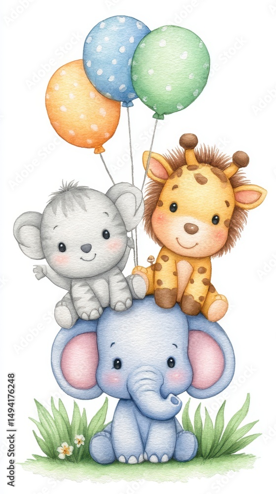 Naklejka premium Adorable Cartoon Elephant, Koala, and Giraffe with Pastel Balloons