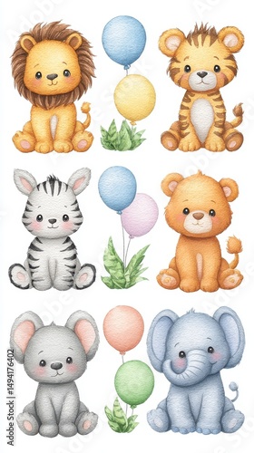 Wallpaper Mural Adorable Pastel Cartoon Animals with Balloons and Leaves Torontodigital.ca