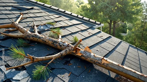 Broken tree branch resting on damaged residential roof after storm in forested suburban neighborhood