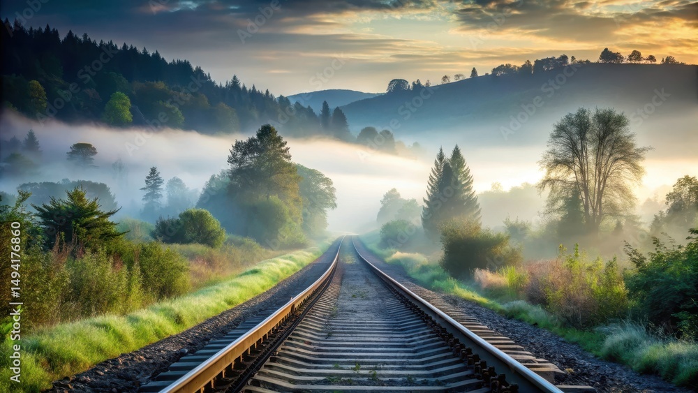 Fototapeta premium Foggy railway tracks in a misty morning landscape, with trees and hills in the background, conveying a sense of mystery and isolation, railway line, foggy roads