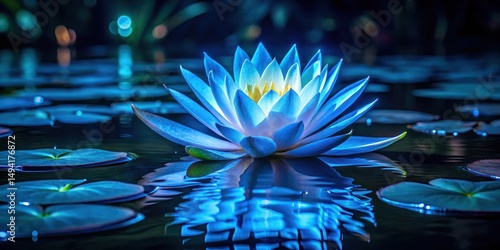 A bioluminescent blue water lily flower blooms in the dark waters of a serene lake at night, its glowing petals illuminating the surrounding vegetation , botanical, nature