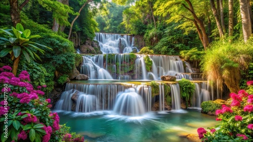 waterfall cascade surrounded by dense green foliage, tropical plants and vibrant flowers in Pak Khlong Thailand landscape, waterfall cascade, tropical plants