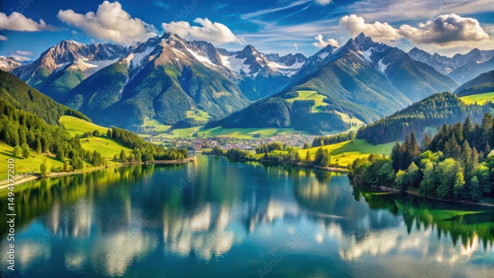 Fototapeta premium Panoramic Alpine landscape with majestic mountain peaks and serene lake in Zell am See district