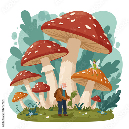 Harvesting Grass Under Large Mushrooms with Fairy in Whimsical Illustration