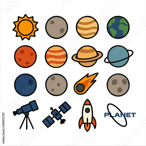 Explore space in cartoon style! 🚀🌞🪐 This flat design presents the beauty of the solar system in a cute and educational way — from the cheerful sun to the colorful planets. Perfect for educational m