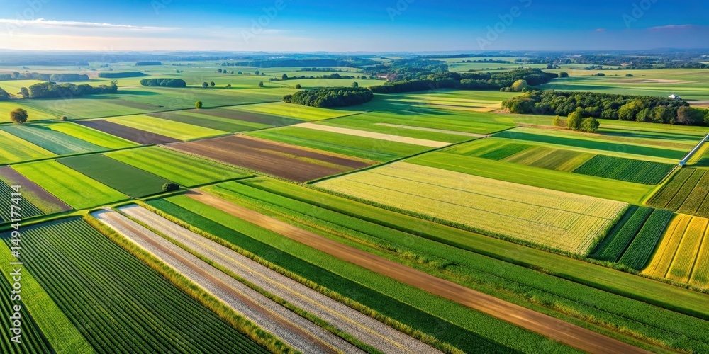 Fototapeta premium Aerial view of neatly organized crop rows in a rural farming area with lush green fields and clear blue sky, showcasing the beauty of agriculture and nature , countryside, farm