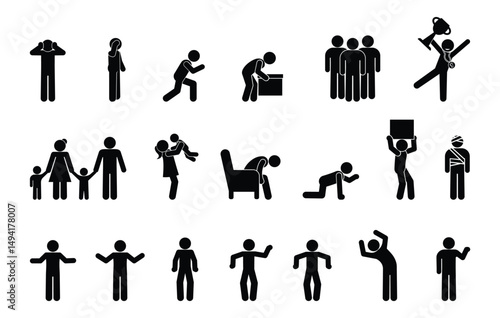 stick figure people pictogram, set of human silhouettes, man icon, various poses, gestures and movements	