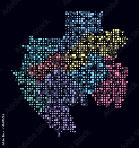 Gabon, shape of the country built of colored cells. Digital style map of Gabon on a dark background. Small size square blocks. Artistic vector illustration.