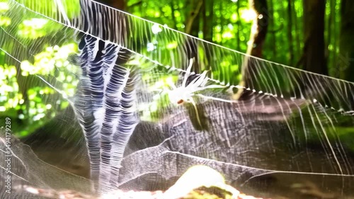 Spiderweb strung between trees in a forest with sunlight shining through the leaves creating a natural, ethereal scene, with a spider on the web.