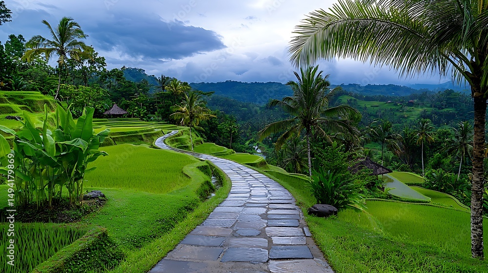 Fototapeta premium there is a pathway going through a lush green field with palm trees