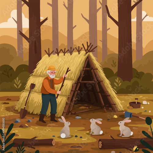 Building a Camp Shelter in the Forest with Rabbits Around