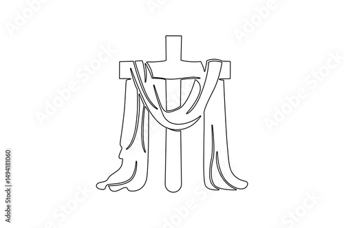 Continuous one line drawing of Jesus crucifixion wrapped flying cloth. Single line drawing illustration of A cross with flying cloth. Happy Ascension Day concept vector art. Doodle line illustration.