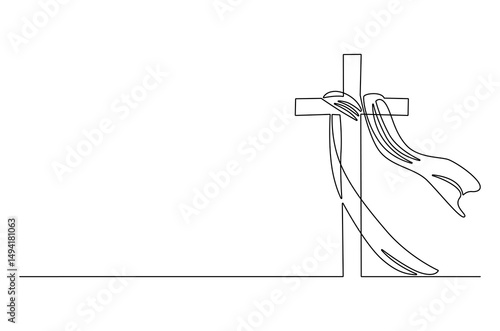 Continuous one line drawing of Jesus crucifixion wrapped flying cloth. Single line drawing illustration of A cross with flying cloth. Happy Ascension Day concept vector art. Doodle line illustration.