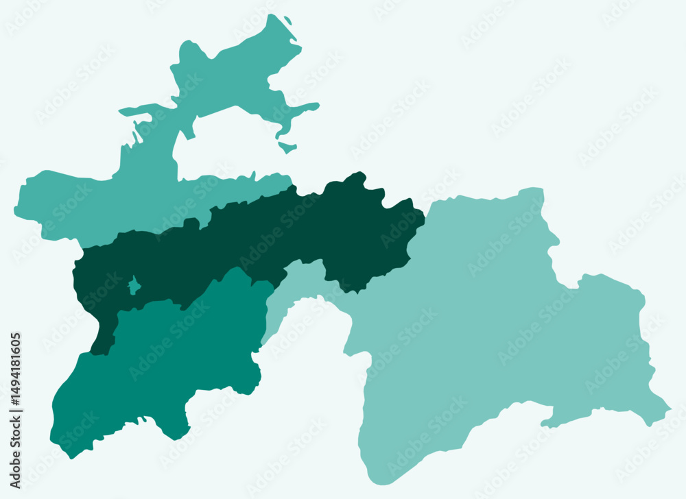 Map of Tajikistan with regions. Just a simple country border map with region division. Teal color palette. Blank Tajikistan shape with administrative division. Vector illustration. Map of Tajikistan with regions. Just a simple country border map with region division. Teal color palette. Blank Tajikistan shape with administrative division. Vector illustration.
