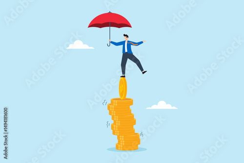 Flat illustration of businessman balancing on unstable stack of coins and holding umbrella financial stability risk money management and uncertainty protection