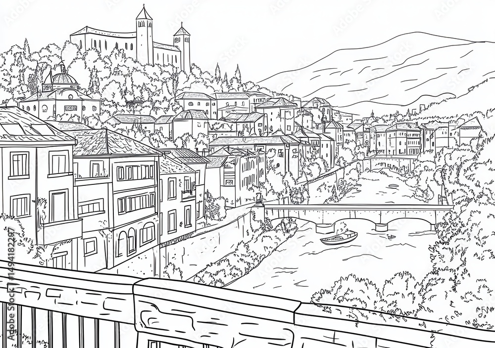 Vue panoramique d'une ville médiévale depuis un pont Vue panoramique d'une ville médiévale depuis un pont
