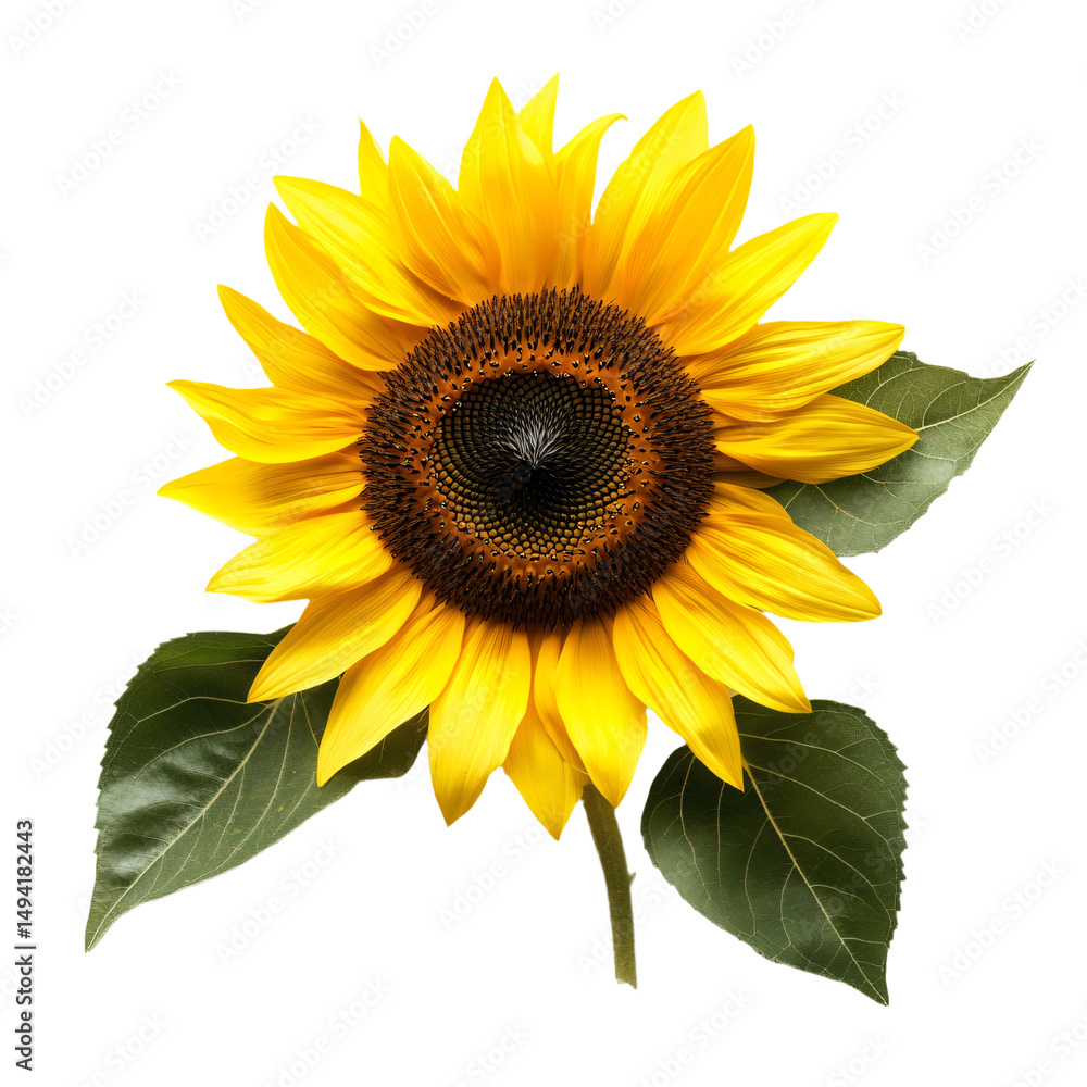 Obraz premium a sunflower with green leaves on a white background