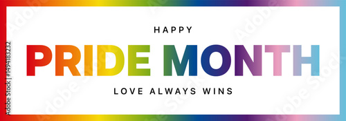 Pride Month Banner Vector Design. LGBTQ Happy Pride Month Web Banner Template with Rainbow Gradient Border Background and Bold Typography Font. Vector Illustration for Pride Month. 