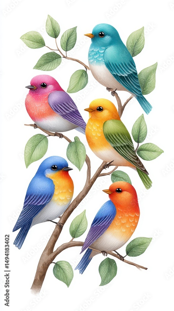 Obraz premium Five Colorful Birds on Branch Vivid Illustration