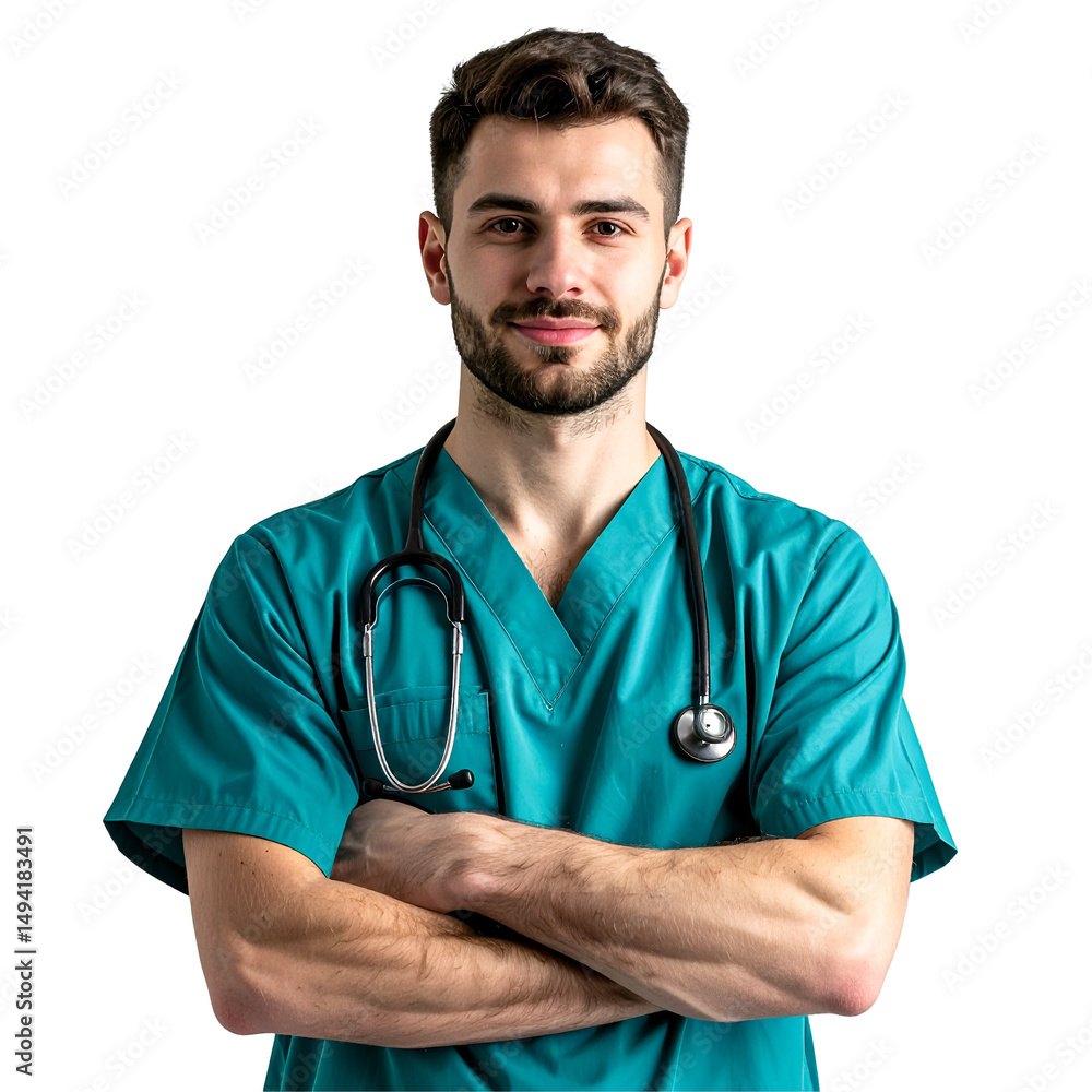 A confident medical professional, stands with his arms crossed, a stethoscope around his neck, ready to provide care. The image captures the essence of health and wellness. A confident medical professional, stands with his arms crossed, a stethoscope around his neck, ready to provide care. The image captures the essence of health and wellness.