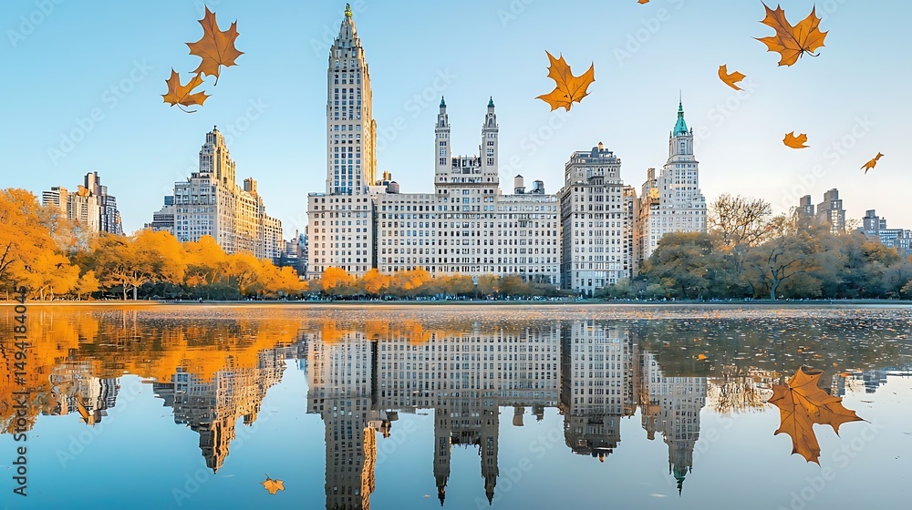 Fototapeta premium Autumn cityscape reflection