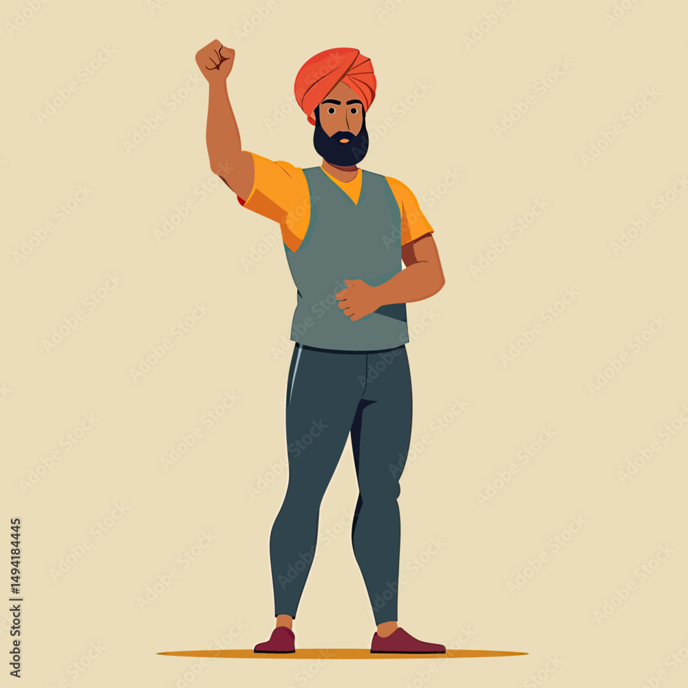 Flat vector art of a Sikh person with raised arm, dressed in turban, minimalist representation of identity, empowerment, and unity
Flat vector art of a Sikh person with raised arm, dressed in turban, minimalist representation of identity, empowerment, and unity