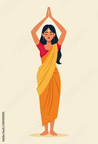 Flat cultural illustration of a standing figure with bindi, hands raised in sacred devotion, dressed in sari or dhoti, minimal and symbolic
