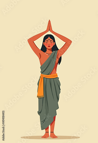 Minimalist vector of a person with bindi in South Asian dress, raising arms in worship, symbolizing faith, humility, and spiritual connection
