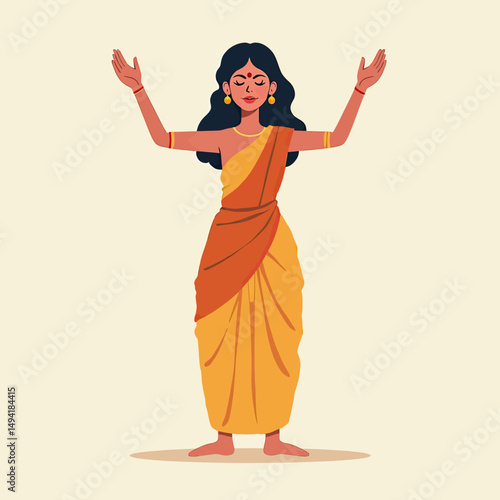 Gender-neutral figure wearing sari or dhoti with bindi, arms lifted in devotional gesture, flat vector design representing cultural spirituality

